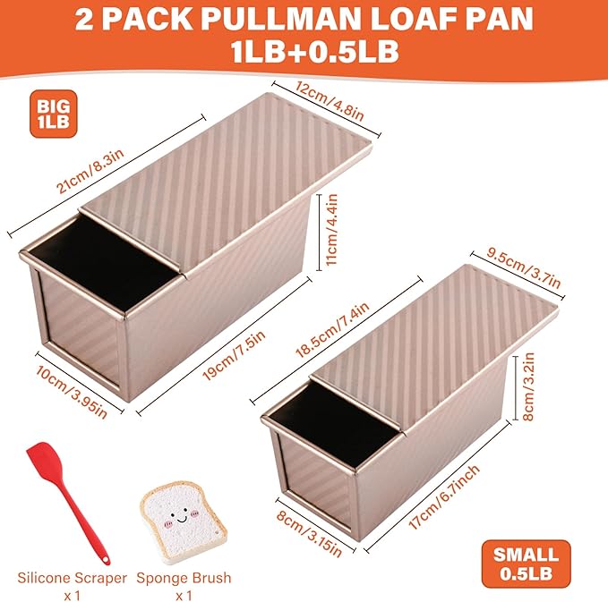 2 Pack Pullman Loaf Pan with Lid, 1 lb/0.5 lb Dough Capacity for Homemade Bread, Non-stick Corrugated Carbon Steel Bread Toast Box with Cover for Bakeware, Sandwich & Toast Oven Baking, Gold