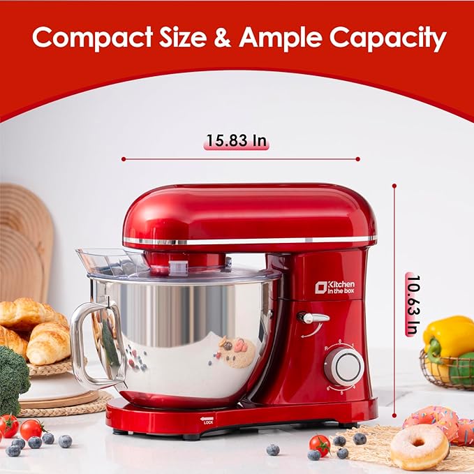 Kitchen in the box Stand Mixer - 8.5 Quart Giant Capacity Mixing Bowl, 900 Watt Powerful Heavy Bread Dough Standing Mixers Tilt-head with Dough Hook, Whisk, Flat Beater and Splash Guard (Red)