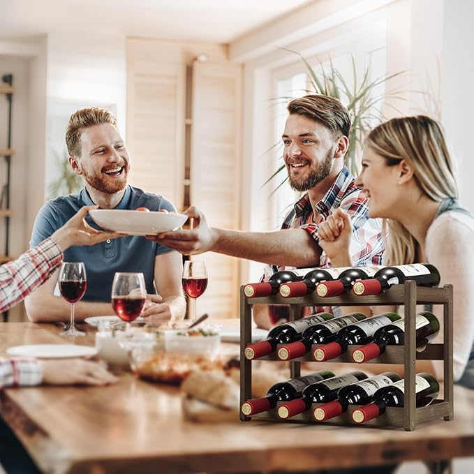 Bamboo Wine Rack, Sturdy and Durable Wine Storage Cabinet Shelf, Wine Racks Countertop for Pantry - 3 Tiers 12 Bottle Wine Rack, Moca