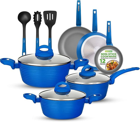 NutriChef 12-Piece Nonstick Kitchen Cookware Set - PFOA/PFOS-Free Heat Resistant Lacquer Kitchen Ware Pots Pan Set Light Gray/Blue - Saucepot, Pans, Cooking Pot Oven Pot, Lid, Utensils