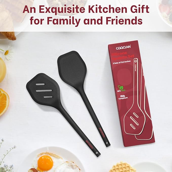 Silicone Spatula Set (BPA-Free), 600°F Heat Resistant Spatulas for Non-Stick Pans, 2 Pack Solid & Slotted Silicone Turner, One-Piece Cooking Spatula Turners for Kitchen Use, Black