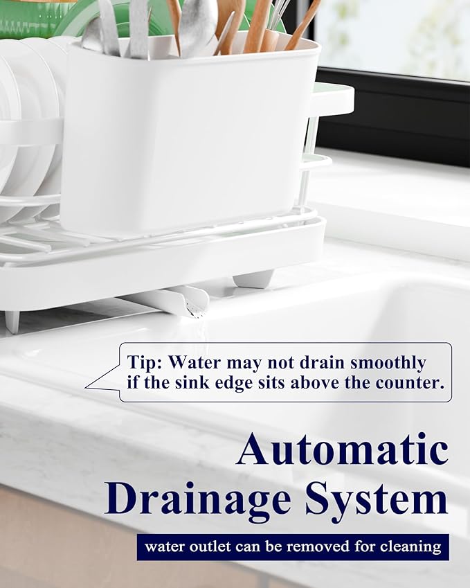 Kitsure Dish Drying Rack for Kitchen Counter, Stainless Steel Sink Organization and Storage Essentials with Cutlery Holder, Home and Appartment Decor, 12''W x 15.5''L, White