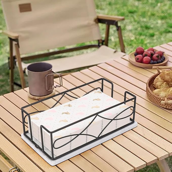 Napkin Holder with Marble Base, Guest Towel Paper Dispenser for Table, Modern Metal Napkin Stand, Ideal for All Bathroom Vanity, Kitchen Decor Accessories (Matte Black, 3.2 Inch)