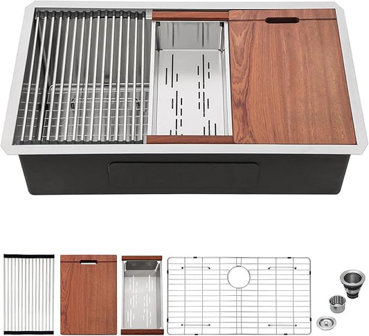33 Undermount Kitchen Sink - Mocoloo 33 x 19 Undermount Sink Workstation Stainless Steel Kitchen Sinks 16 Gauge Single Bowl Handmade,10'' Deep Basin