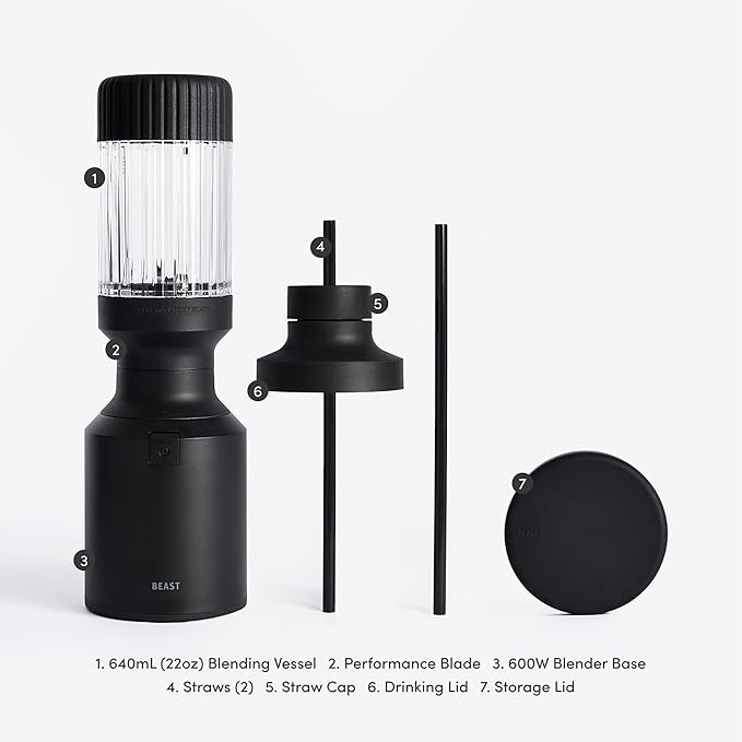 Beast Mighty 850 | Premium Compact Personal Blender | Smoothies, Shakes, Dressings, Sauces, Desserts, Dips | Blends Ice and Frozen Fruit | Includes Extra Lids and Straws | 850W (Carbon Black)