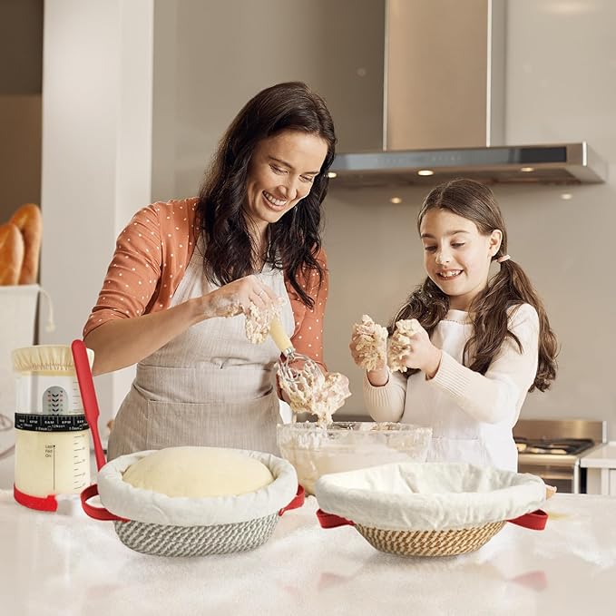 Sourdough Starter Kit - Round & Oval Cotton Rope Banneton Bread Proofing Basket Set, 34oz Sourdough Starter Jar & Bread Making Tools Kit, Sourdough Bread Baking Supplies, Red