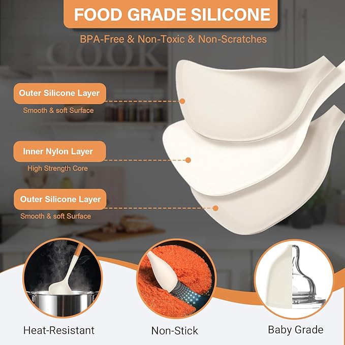 Large Silicone Cooking Utensils Set, 10Pcs Nonstick Kitchen Utensil Set with Wooden Handle, Heat Resistant Silicone Utensils for Cooking, BPA Free Spatula Set with Turners Spoon Ladle Skimmer(White)