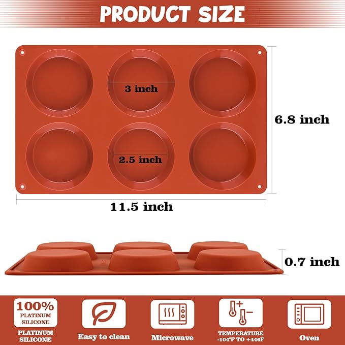 Sakolla 3 Pack Muffin Top Pans, 6 Cavities Silicone Egg Molds for Breakfast Sandwiches, Whoopie Pies, Hamburger Bun, English Muffins, Tarts, Corn Bread (Brick Red) ﻿ ﻿