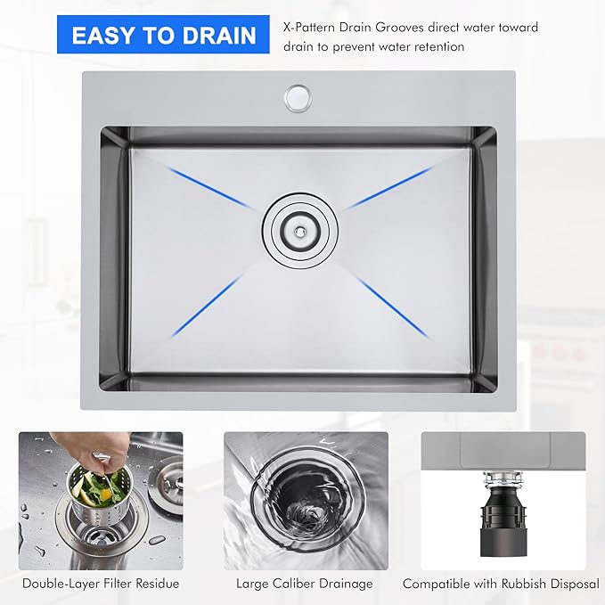 MENATT Brushed Nickel 20 Inch Drop in Kitchen Sink, 18 Gauge Stainless Steel Topmount Single Bowl 1 Faucet Hole Topmount Kitchen Sink with Drainer, D20"xW16"xH9"