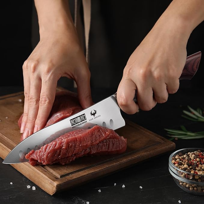 HOSHANHO Santoku Knife 7 Inch, Professional High Carbon Stainless Steel Kitchen Knife, Super Sharp Cooking Knife with Ergonomic Wood Handle