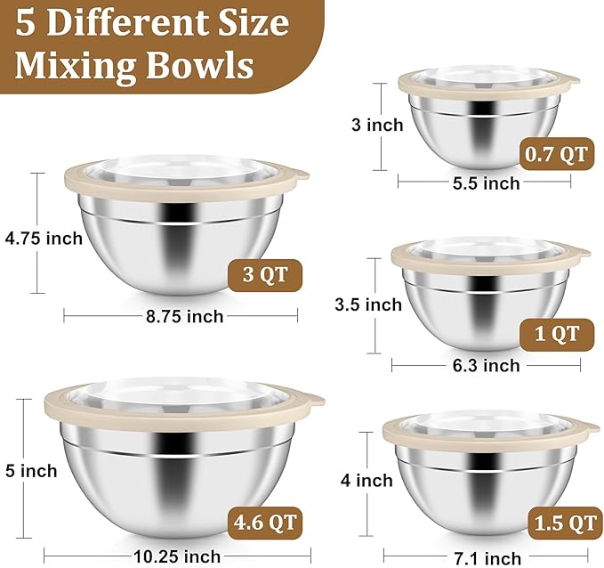 P&P CHEF Mixing Bowls with Visible Airtight Lids Set of 5, 10-Piece Stainless Steel Mixing Nesting Bowl, Metal Bowl with Lid for Kitchen Prepping & Storing, Size 4.6, 3, 1.5, 1, 0.7 QT, Khaki