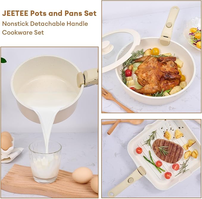 JEETEE Nonstick Pots and Pans Set with Removable/Detackable Handle (Beige, 25 Pieces)