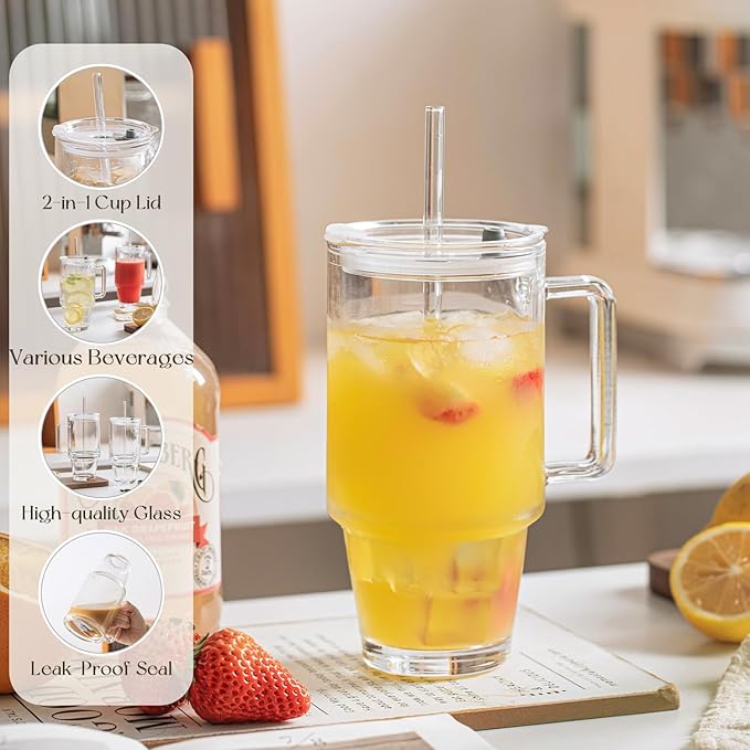 KEMORELA 24 Oz Ribbed Glass Tumblers with Lids and Straws, Tumbler Cup with Handle, Iced Coffee Glassware, Clear Reusable Drinkware for Smoothies and Beverages (1)