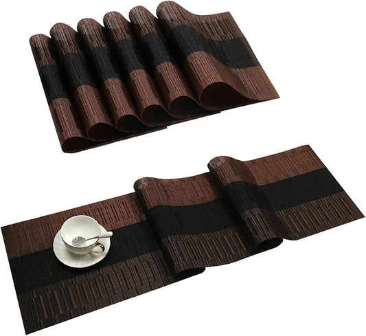 SHACOS Placemats with Table Runner Set of 7 Woven Vinyl Plastic Wipe Clean Heat Resistant Table Mats and Runner Set for Dining Table, Ombre Coffee Black