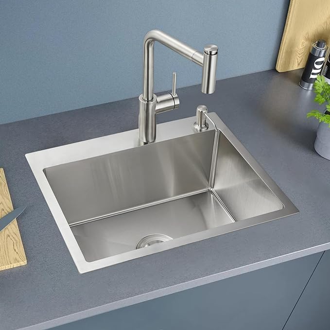 ROVOGO 24 inch Kitchen Sink Drop in, 304 Stainless Steel Single Bowl Top Mount, 9 inch Deep Modern Sink for Kitchen, Brushed, 24"x18"x9"