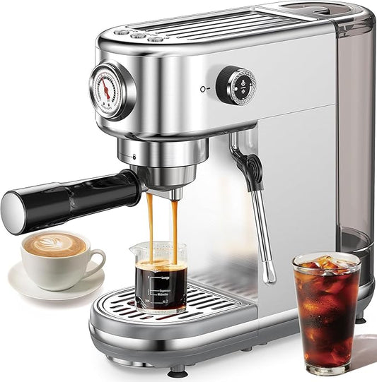 Espresso Machine with Milk Frother, 20 Bar High Pressure Professional Espresso Maker Automatic, Compact Stainless Steel Coffee Machine for Cappuccino, Latte, Gift for Coffee Lover, Dad or Mom, Silver
