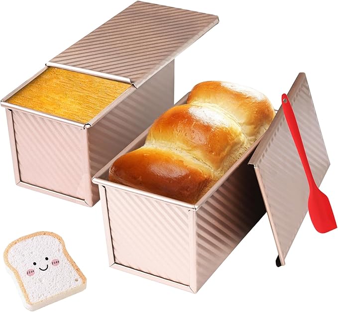 Pullman Loaf Pan with Lid, 2 Pack 1 lb Dough Capacity for Homemade Bread, Non-stick Corrugated Carbon Steel Bread Toast Box with Cover for Bakeware, Sandwich & Toast Oven Baking, Gold