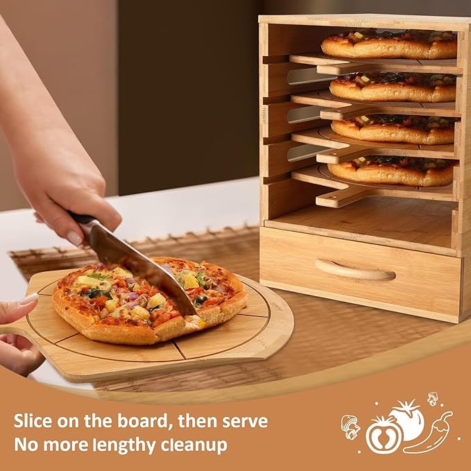 Wood Pizza Peel Rack with Spice Drawer,Includes 4 x 12 Inch Non-Stick Bamboo Pizza Boards with 6 Slice Grooves,Real Wood Pizza Paddle Stand for Making Pizza or Bread Pie