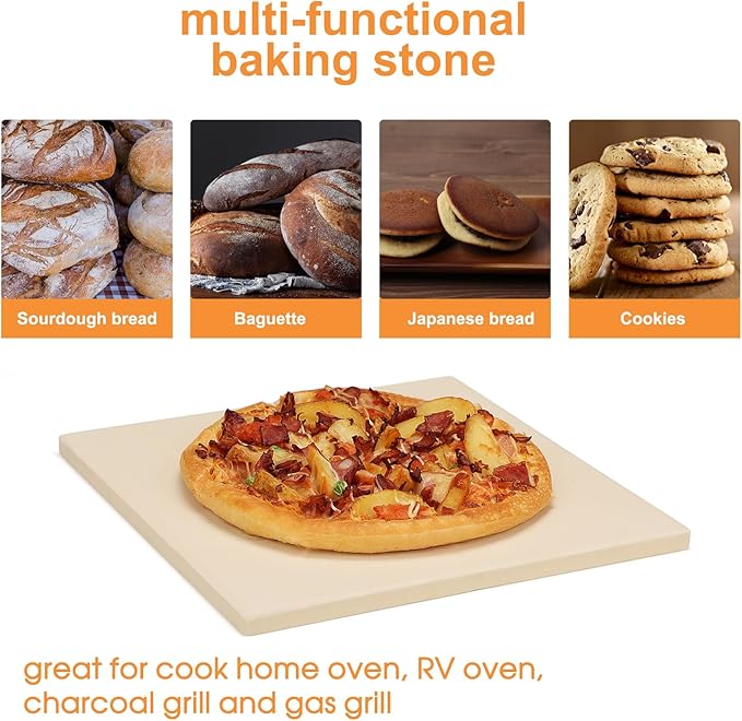 Small 10x10 inch Pizza Stone,for RV Camper Oven,Square baking stone Grill,Can make pizza, bread, pies,BBQ, Durable and Safe, Give away Plastic Scraper