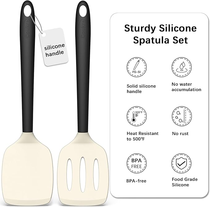 Coukre 2 Pack Silicone Spatula Set, High Heat Resistant, BPA Free Kitchen Spatula, Solid & Slotted Turner for Non-Stick Pans, Sautéing, and Flipping (2, Beige)