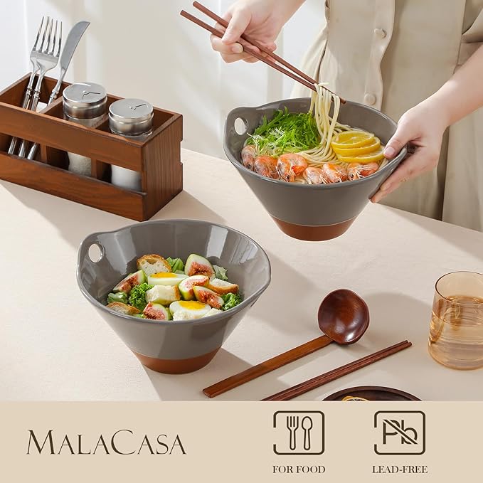 MALACASA 42 oz Ceramic Ramen Bowl Set with Wooden Spoon & Chopsticks, Japanese Style Soup Bowls for Ramen, Pho, Noodles – Set of 2, Microwave & Dishwasher Safe, Series TARA (Brown and Khaki)