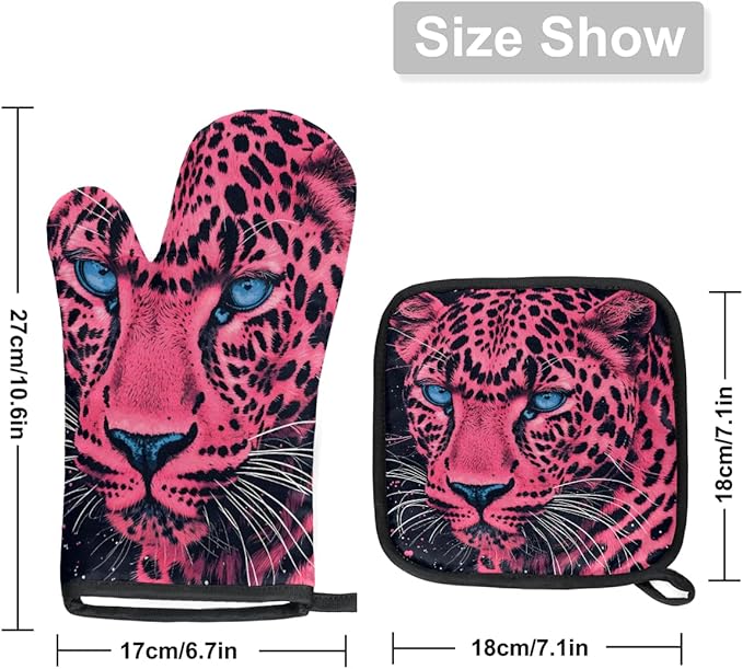 Oven Mitts Pot Holders Set 3 for Kitchen, Leopard Insulation Oven Gloves Heat Resistant Pot Pads Cook Essentials Accessories for BBQ Baking Cooking Kitchen Decor Gifts for Women