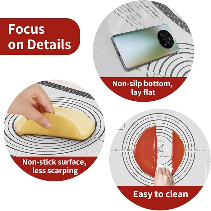 Silicone Baking Mat with Measurement, Non Stick Pastry Mat for Dough Rolling, Fondant Mat, Pie Crust Pizza, Macaron,Cookie Sheet, Reusable Baking Supplier Tools