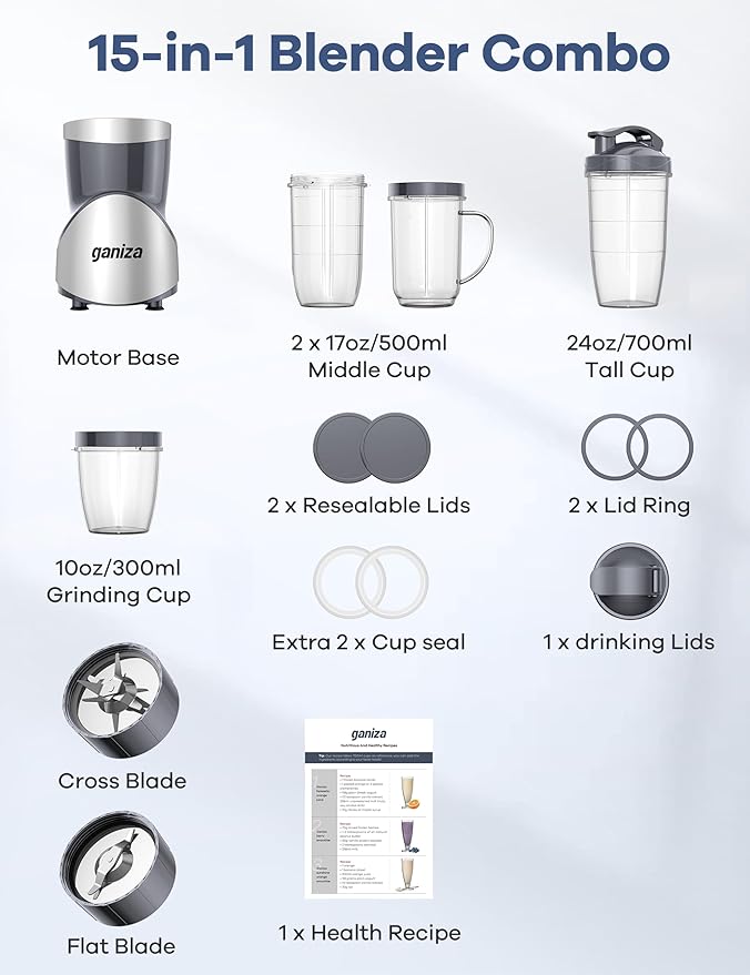 Ganiza Smoothie Blenders, Blenders for Shakes and Smoothie, 15-Piece Personal Blender and Grinder Combo for Kitchen, Smoothies Maker with 4 BPA-Free Portable Blender Cup, Nutritious Recipe, Grey
