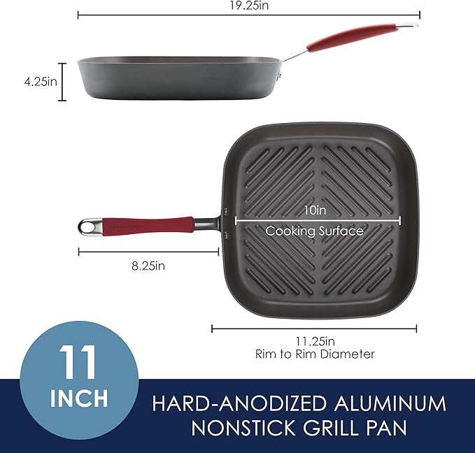 Rachael Ray Cucina Hard-Anodized Nonstick 11-Inch Deep Square Grill Pan, Gray with Cranberry Red Handle - 87632
