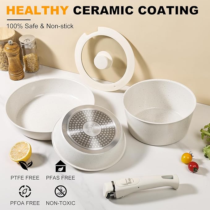 Pots and Pans Set Non Stick, Ceramic Cookware Set Nonstick Frying Pans 5 Pcs-Non Toxic PFAS/PFOA/PTFE Free, with Detachable Handle for RV Kitchen, Induction & Dishwasher Safe Cream White