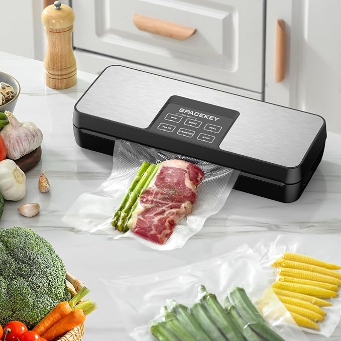 SPACEKEY Vacuum Sealer Machine, 85Kpa Food Vacuum Machine, Food Vacuum Sealer with Bag Roll Storage Space, Dry&Moist Modes, Pulse Function, Built in Cutter, Bag Roll included, Silver