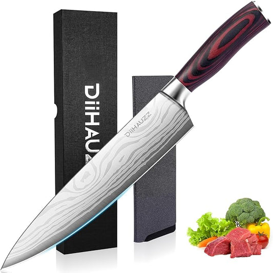 Chef Knife, 8 Inch Kitchen Knife, Ultra Sharp High Carbon Stainless Steel for Professional and Home Chefs with Ergonomic Handle, Roll Forged Utility Knife with Sheath and Gift Box