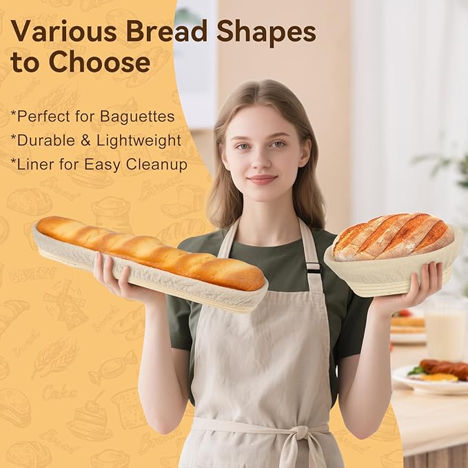 Sourdough Starter Kit, Banneton Bread Proofing Basket, Sourdough Bread Baking Supplies-Sourdough Starter Jar& 9" Round & 10" Oval & 17" Baguette Sourdough Proofing Basket, Sourdough Banneton Bowls