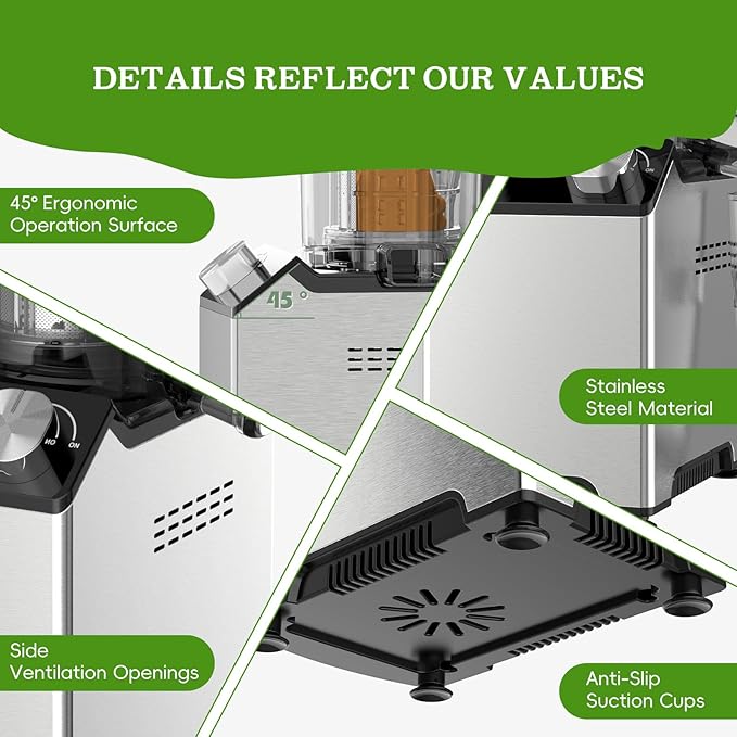 Cold Press Juicer, Wide Feed Chute Juicer Machines, Stainless Steel Slow Masticating Juicers Easy to Clean, Vegetables & Fruits Juice Extractor, High Juice Yield, Silver Color Knob