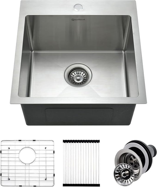 Drop In Kitchen Sink, 18 x 18 x 10 Inch 16 Gauge Single Bowl Topmount Wet Bar Sink T-304 Stainless Steel Kitchen Sinks