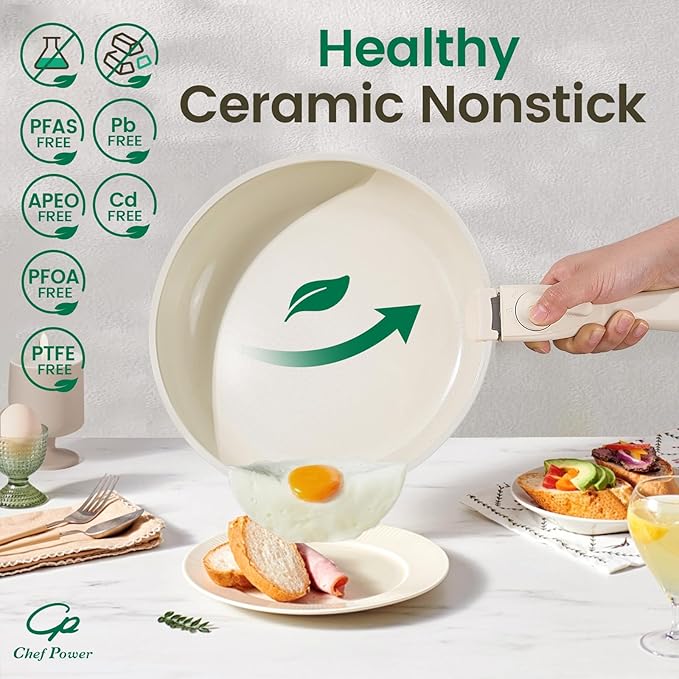 Chef Power Ceramic Nonstick Cookware Set 5 Piece with Detachable Handle, Induction Dishwasher Oven Safe Pans and Pots Set, RV Kicthen Set Removable Handle, Cream White