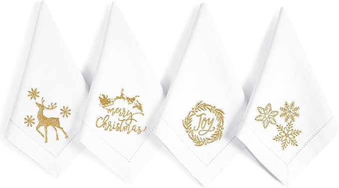 Bedding Craft Cotton Cloth Dinner Napkins Set of 12 – 18x18 White with Gold Embroidery – Reusable Machine Washable Fabric Napkins for Weddings, Parties & Everyday Dining