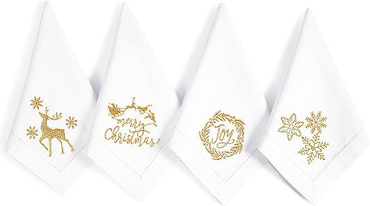 Bedding Craft Cotton Cloth Dinner Napkins Set of 12 – 18x18 White with Gold Embroidery – Reusable Machine Washable Fabric Napkins for Weddings, Parties & Everyday Dining