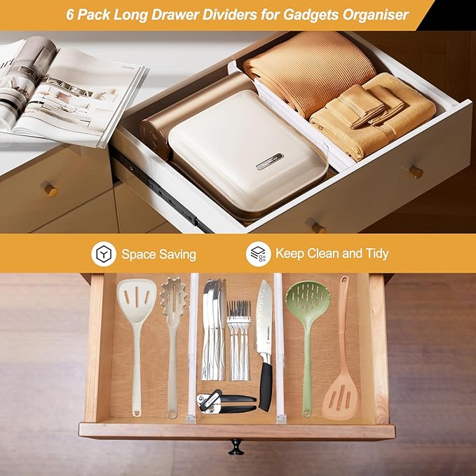 6 Pack Drawer Dividers for Clothes, 2.3" High 13"-21" Adjustable Drawer Dividers Expandable Dresser Drawer Organizer, Clear Drawer Separators for Clothes, Underwear, Cosmetic, Kitchen Utensils Storage