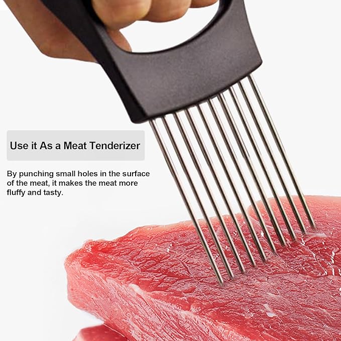 JAYVAR Onion Holder for Slicing, 3 Pieces Tomato Slicer, Stainless Steel Onion Chopper Veggie Cutter for Potato and Avocados, Food Slicer Assistant Tool, Useful Kitchen Gadgets Meat Tenderizer