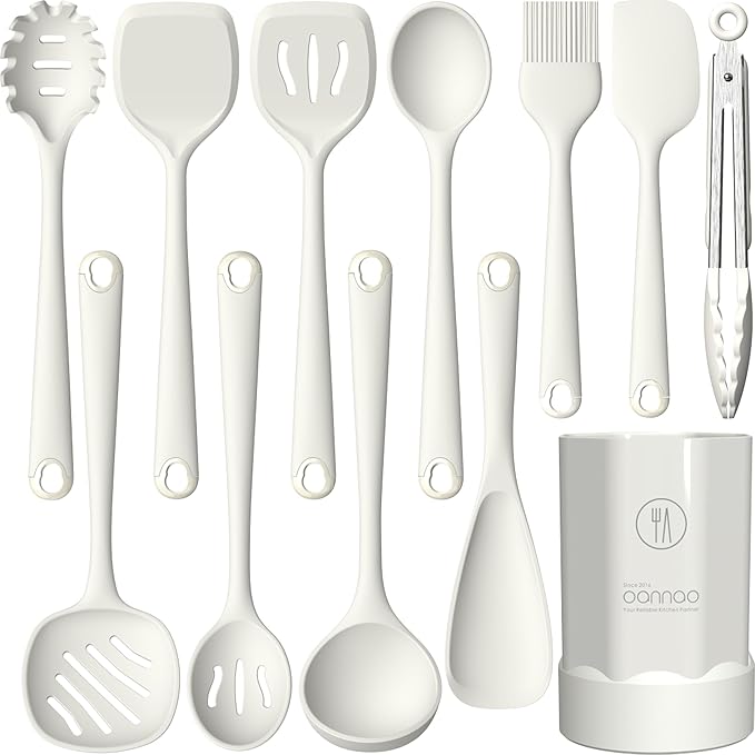 Thickened Silicone Kitchen Utensils Set, 600°F Heat Resistant Silicone Cooking Utensils, Spatula, Spoon, Whisk, Tongs, Kitchen Gadgets for Nonstick Cookware, Dishwasher Safe BPA Free (Cream White)