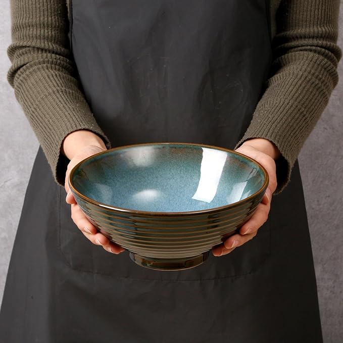 NUTRIUPS 8 Inch Ceramic Ramen Bowl Set of 2 Pho Bowls 40oz Japanese Noodle Udon Soup Bowls with Spoons and Chopsticks (Deep Ocean Green)