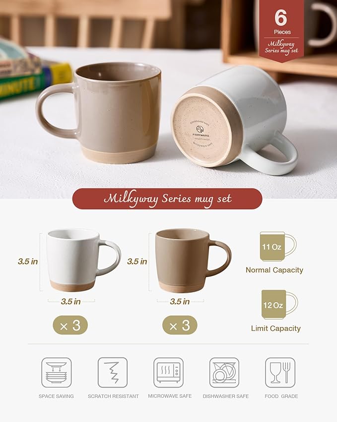 famiware Coffee Mugs for 6, 12 oz Mug Set, Dringking Cup with Handle for Coffee, Tea, Cocoa, Milk, Milkyway serise, White+Cinnamon Brown