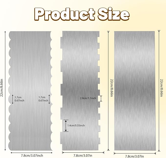 3 Pieces 8.7 Inche Stainless Steel Cake Scraper，Double Sided Patterned Edge Stripe Edge Smoother Scraper Cake Decorating，Cake Decorating Comb Cake Scraper (3, 3)