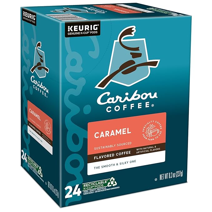 Caribou Coffee Caramel Flavored Coffee, Single Serve Keurig K-Cup Pods, Medium Roast Coffee, 96-Count Box (Pack of 4)