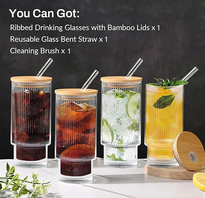 16OZ Ribbed Glass Cups with Lids and Straws,Iced Coffee Cups with Lid,Vintage Glassware for Whiskey Cocktail Beer Fruit Juice Glasses Tumbler(1Pack)