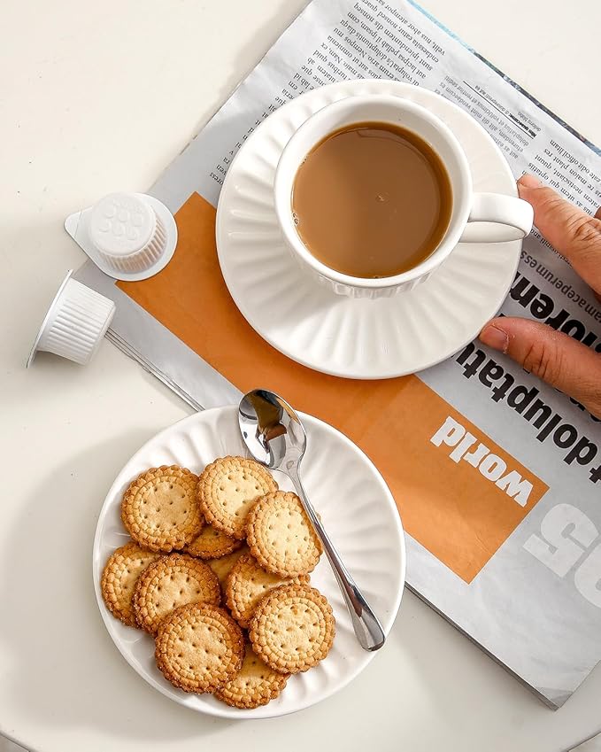 Hasense 4 Oz Espresso Cups with Saucers Set of 4, Ribbed Cappuccino Cups Ceramic for Coffee,Espresso,Double shot,Latte and Macchiato, Demitasse Cups Set Aesthetic Gift, White