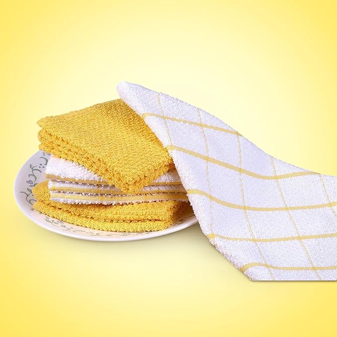 AMOUR INFINI Cotton Kitchen Dish Cloths Set of 8 – Highly Absorbent, Super Soft Premium Terry Cleaning Cloth (12"x12" Inch) Premium Dishcloths for Washing Dishes (Yellow)