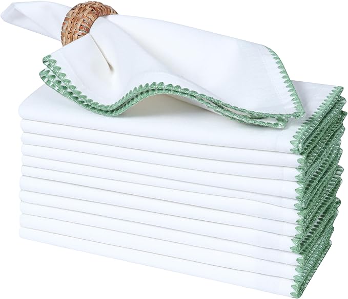 Bedding Craft Cotton Cloth Dinner Napkins Set of 12 – 18x18 Salted Lime with Colored Edge Embroidery – Washable Fabric Napkins for Wedding Table Décor, Parties, Restaurants & Everyday Dining