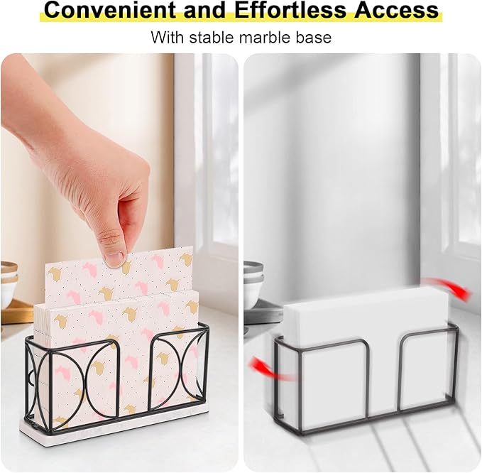 Napkin Holder with Marble Base, Guest Towel Paper Dispenser for Table, Modern Metal Napkin Stand, Ideal for All Bathroom Vanity, Kitchen Decor Accessories (Matte Black, 4 Inch)